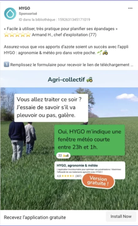 Publicité HYGO · format conversation Agri-collectif, feed