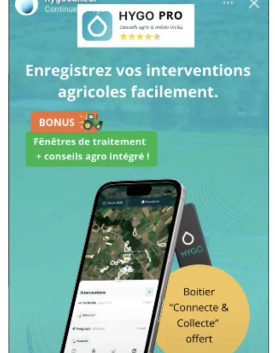 Publicité HYGO Pro · enregistrez vos interventions agricoles