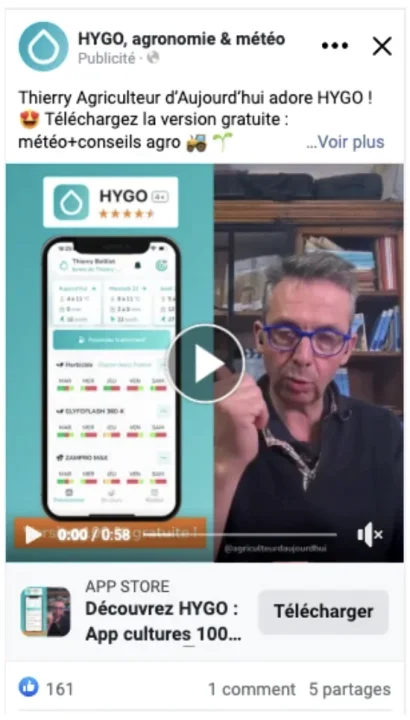 Publicité HYGO · vidéo témoignage agriculteur, feed Facebook